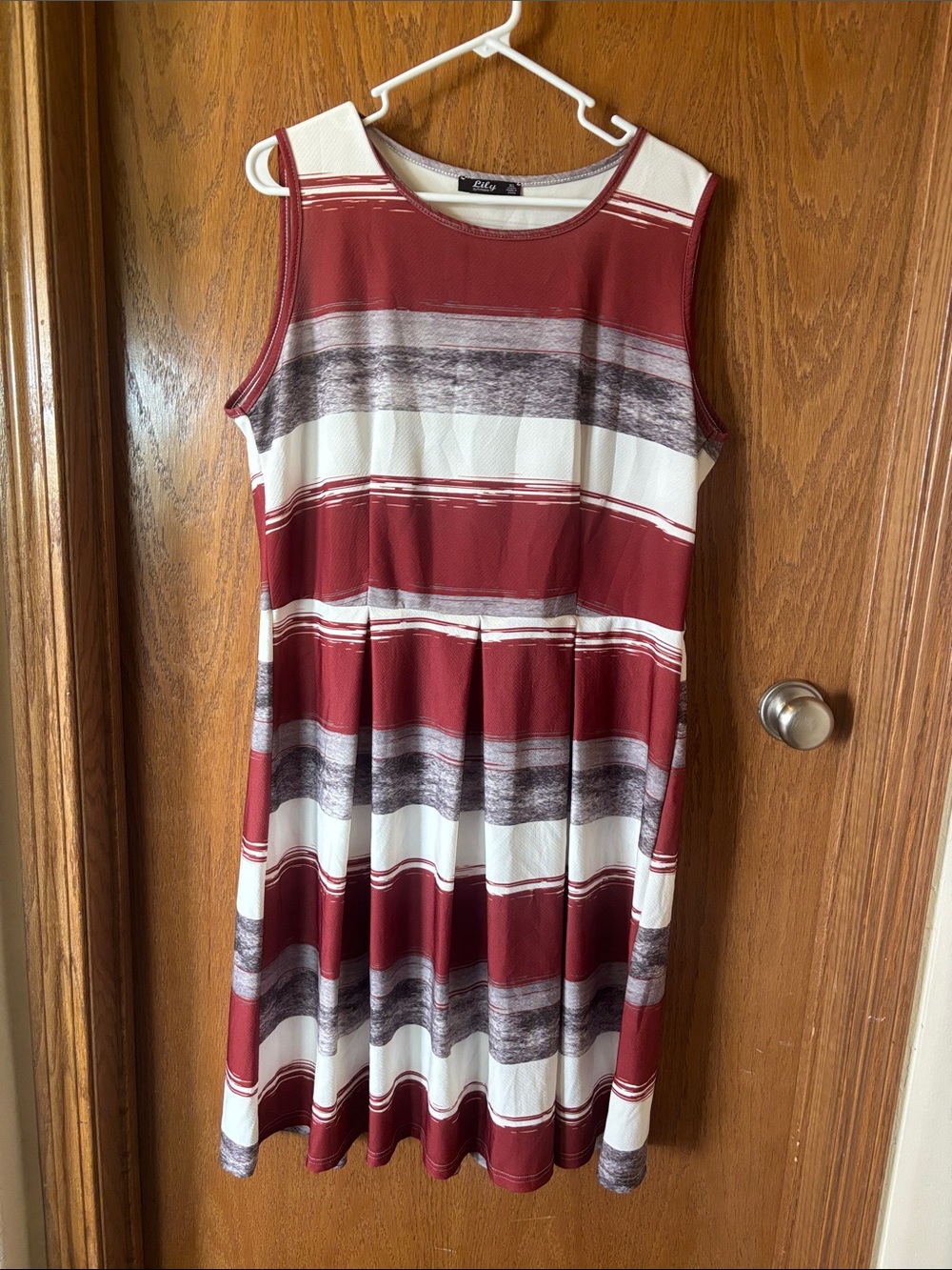 Striped Sleeveless Midi Dress in Burgundy and White by Elle